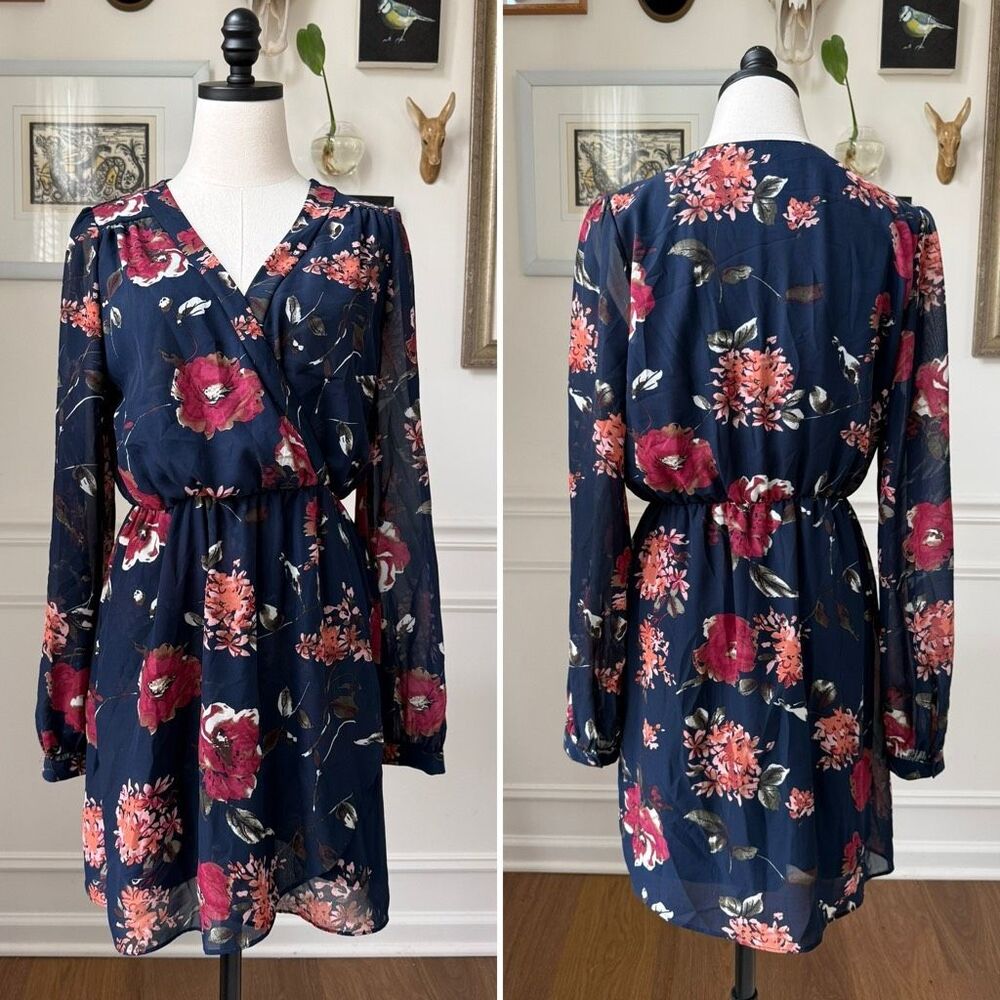 Lulus Pretty Pretender Navy Blue Floral Print Sheer Long Sleeve Mini Dress L